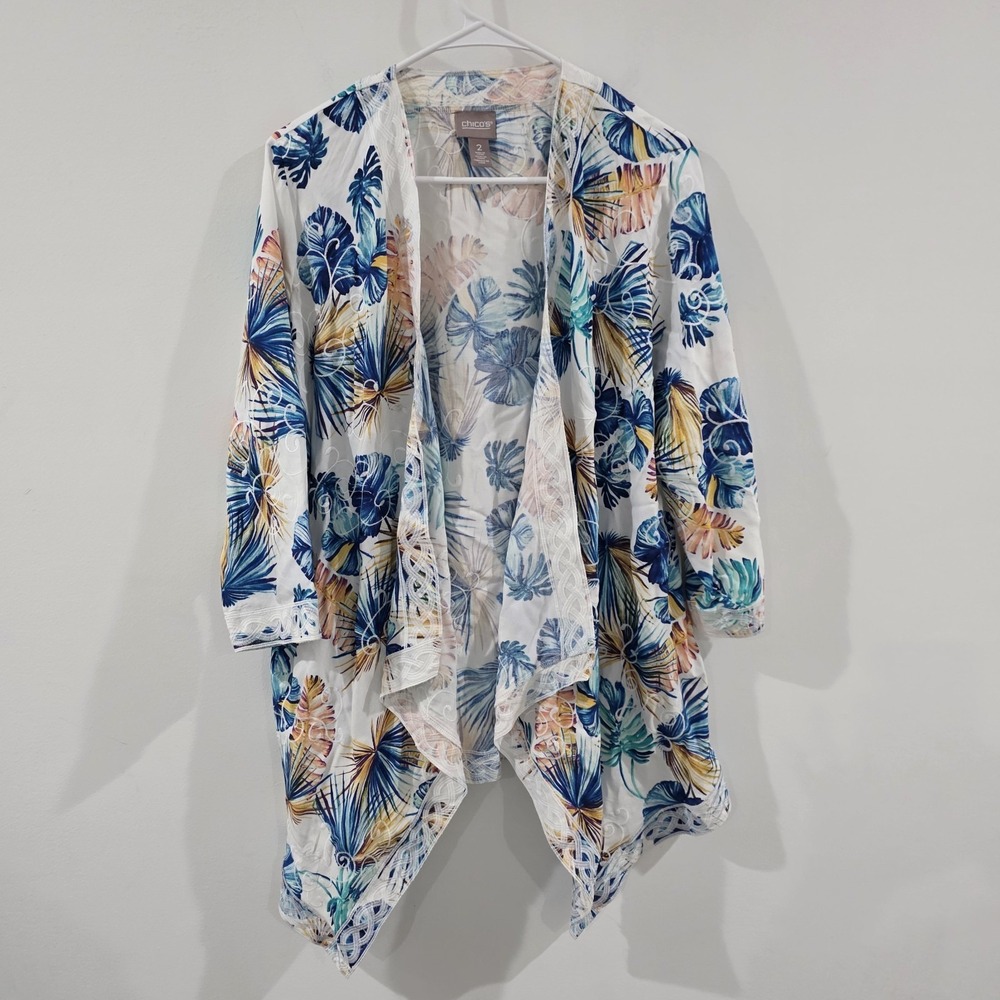 Chicos Womens Open Cardigan Size 2 Us Large Beach Floral Tropical Vacation Euro